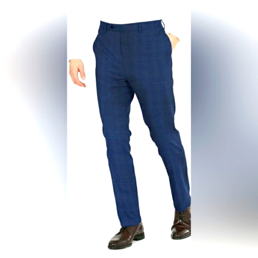 DKNY Mens Dario Blue Flat Front, Plaid Stretch Suit Separate Pants. (32 x 30)